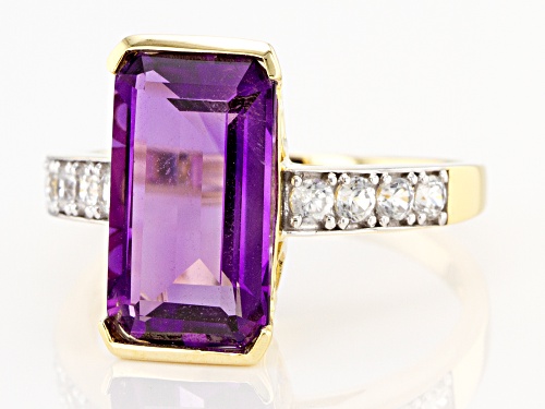 4.02ct Emerald Cut Uruguayan Amethyst With .62ctw Round White Zircon 10k Yellow Gold Ring - Size 6