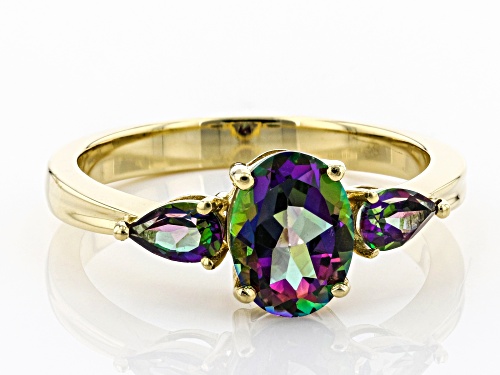 1.82ctw Oval and Pear Shape Mystic Fire® Green Topaz,10k Yellow Gold 3-Stone Ring - Size 9
