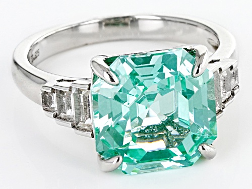 6.00ct Rectangular Octagonal Lab Green Spinel & 0.48ctw Lab White Sapphire Rhodium Over Silver Ring - Size 8