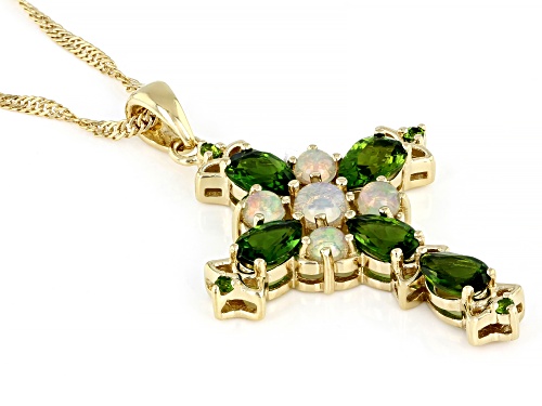 2.03ctw Chrome Diopside And 0.50ctw Ethiopian Opal 18k Yellow Gold Over Silver Cross Pendant Chain