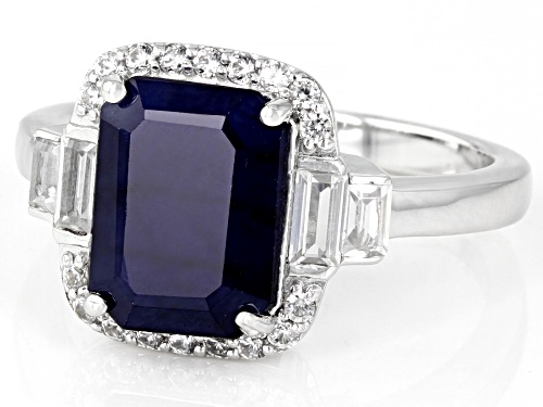 3.23ct Blue Sapphire And 0.67ctw White Zircon Rhodium Over Sterling Silver Ring - Size 9