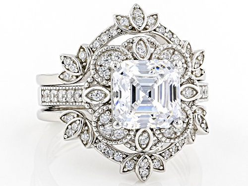 Bella Luce® 4.65ctw White Diamond Simulant Platinum Over Silver Asscher Cut Ring With Guard - Size 7