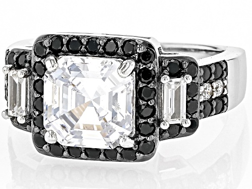 Bella Luce® 5.73ctw Black And White Diamond Simulants Rhodium Over Sterling Silver Asscher Cut Ring - Size 10