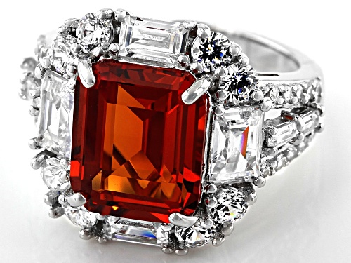 Bella Luce® 13.05ctw Lab Orange Sapphire and White Diamond Simulant Rhodium Over Sterling Ring - Size 10