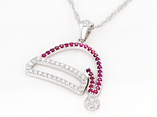 Bella Luce® Ruby and White Diamond Simulants Rhodium Over Sterling Santa Hat Pendant With Chain