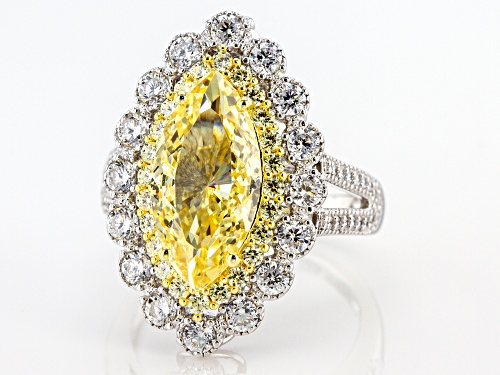 Bella Luce®10.79ctw Canary and White Diamond Simulants Rhodium Over Sterling Ring(5.06ctw DEW) - Size 7