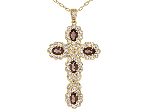 6.34ctw Smoky Quartz with Lab White Sapphire 18k Gold Over Brass Pendant with Chain & Bangle Set