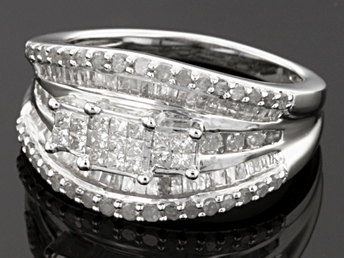 1.00ctw Round, Baguette And Princess Cut Diamonds Rhodium Over Sterling Silver Ring - Size 12