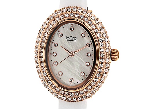 Burgi™ Crystals  Rose Gold Tone Stainless Steel White Patent Leather Band Watch