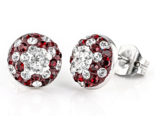 Red And White Crystal Rhodium Over Brass Stud Earrings