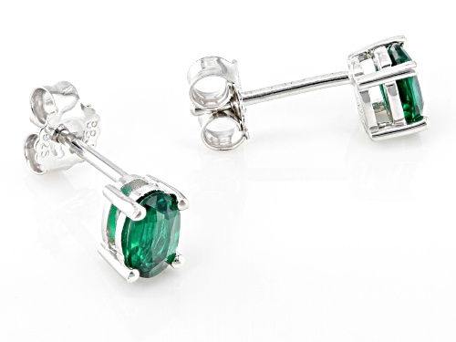 0.68ctw Oval Lab Created Emerald Rhodium Over Sterling Silver May Birthstone Stud Earrings