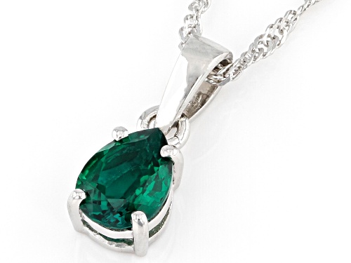 0.87ct Pear Lab Created Emerald Rhodium Over Sterling Silver May Birthstone Pendant With Chain