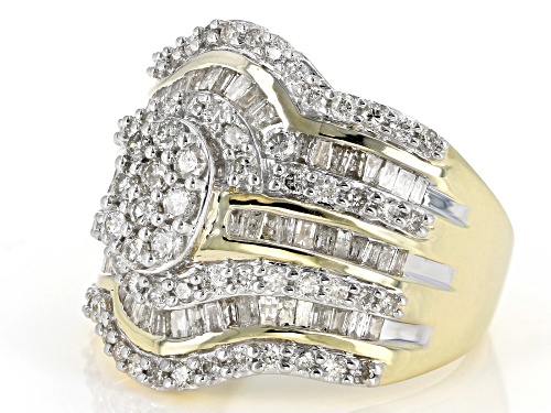 1.75ctw Round and Baguette White Diamond 10k Yellow Gold Ring - Size 7