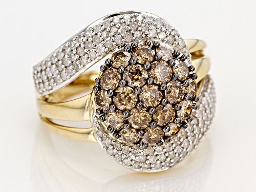 2.00ctw Round Champagne And White Diamond 10K Yellow Gold Ring - Size 5