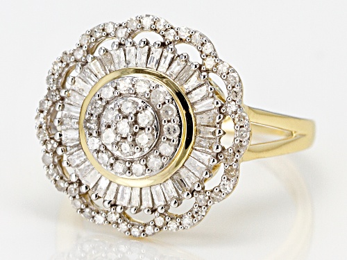 0.75ctw Round And Baguette White Diamond 10k Yellow Gold Ring - Size 7