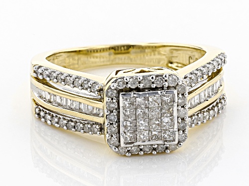 0.59ctw Princess cut, Round And Baguette White Diamond 10k Yellow Gold Ring - Size 6