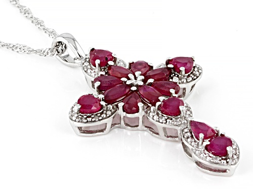 4.52ctw Mixed Shapes Mahaleo® Ruby & 0.11ctw White Zircon Rhodium Over Silver Cross Pendant W/Chain