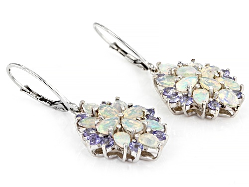 2.48ctw Pear Shape Ethiopian Opal With 1.05ctw Round Tanzanite Rhodium Over Sterling Silver Earrings