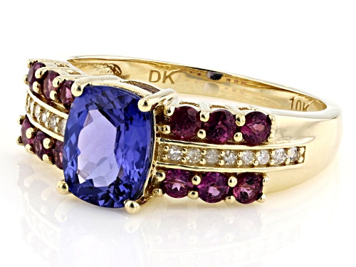 1.28ct Tanzanite With 0.51ctw Grape Color Garnet  and 0.07ctw White Diamond 10k Yellow Gold Ring - Size 7
