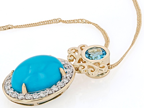 Sleeping Beauty Turquoise With .89ctw Swiss Blue Topaz & Prazana® Lab Diamonds 10k Pendant/Chain