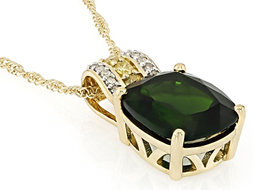 2.75ct Cushion Chrome Diopside With .08ctw Yellow & White Diamond Accent 10K Gold Pendant Chain