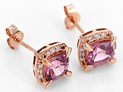 1.40ctw Sqaure Cushion Burmese Pink Spinel With .07ctw Round White Zircon 10k Rose Gold Earrings.