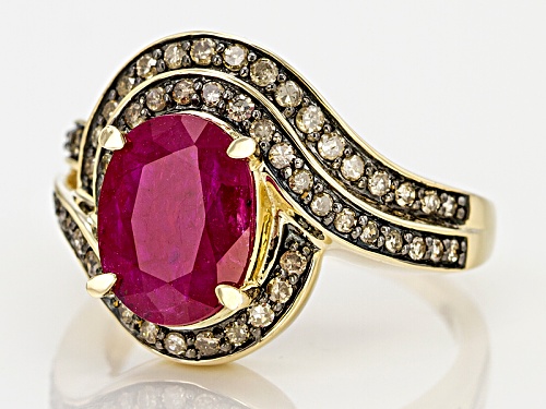 2.13ct Oval Mozambique Ruby With .37ctw Round Champagne Diamonds 14k Yellow Gold Ring. - Size 7