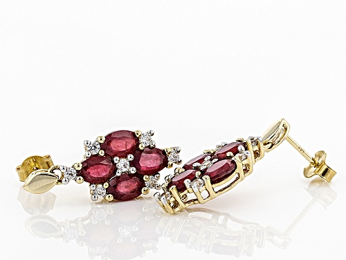 5.67ctw Oval  Mahaleo® Ruby With .78ctw Round White Zircon 14k Yellow Gold Dangle Earrings