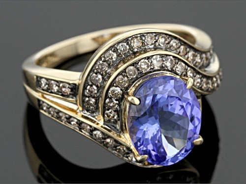 2.80ctw Oval Blue Tanzanite With .45ctw Round Champagne Diamond 14k Yellow Gold Ring - Size 7