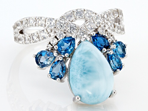 12x8mm Larimar With 0.97ctw London Blue Topaz & 1.02ctw White Zircon Rhodium Over Silver Ring - Size 7