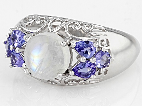 8mm Round Rainbow Moonstone And 0.83ctw Tanzanite Rhodium Over Sterling Silver Ring - Size 10