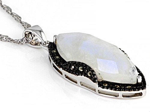 5.95ct Marquise Rainbow Moonstone & 0.18ctw Marcasite Rhodium Over Sterling Silver Pendant/Chain