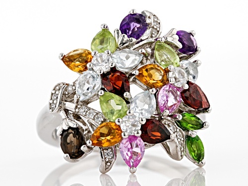 3.06ctw Mixed Shaped Multi-Gem Rhodium Over Sterling Silver Flower Bouquet Ring - Size 7