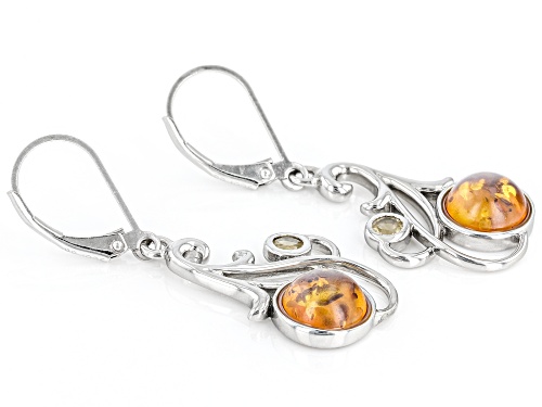 8mm Round Amber With 0.17ctw Citrine Rhodium Over Sterling Silver Dangle Earrings