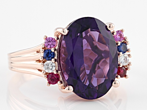 4.50ct African Amethyst And 0.28ctw Lab Created Multi Color Sapphire 18k Rose Gold Over Silver Ring - Size 8