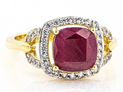 2.85ct Cushion Indian Ruby And 0.47ctw White Zircon 18k Yellow Gold Over Sterling Silver Ring - Size 8