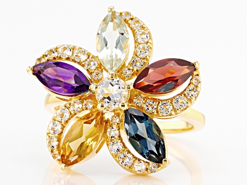 2.40ctw Multi Gemstone With 0.75ctw White Topaz 18k Yellow Gold Over Sterling Silver Flower Ring - Size 8