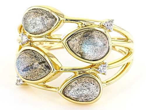 7x5mm Pear Labradorite And 0.09ctw White Zircon 18k Yellow Gold Over Sterling Silver Ring - Size 9
