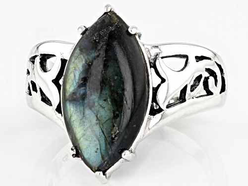 16x8mm Marquise Cabochon Labradorite Rhodium Over Sterling Silver Solitaire Ring - Size 8