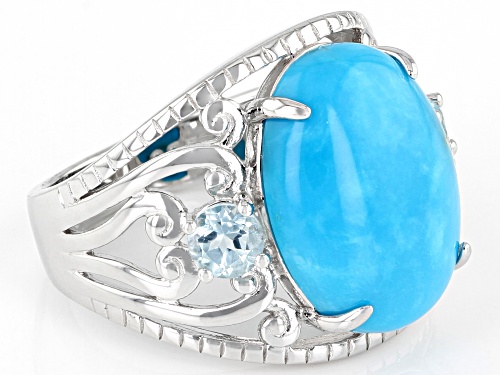 16x12mm Oval Cabochon Turquoise With .54ctw Round Glacier Topaz(TM) Rhodium Over Silver Ring - Size 7