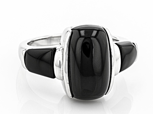 14x8mm And 6x6mm Custom Shaped Cabochon Black Onyx Rhodium Over Sterling Silver Ring - Size 7