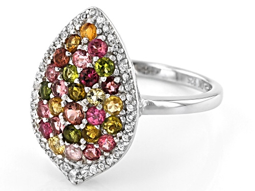 0.99ctw Round Multi-Color Tourmaline With 0.33ctw White Zircon Rhodium Over Sterling Silver Ring - Size 8