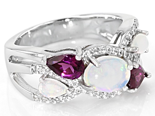 0.92ctw Ethiopian Opal, 0.84ctw Rhodolite Garnet With 0.75ctw White Zircon Rhodium Over Silver Ring - Size 7