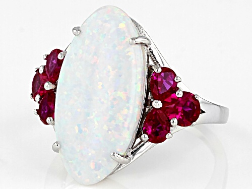 20x10mm Oval Cabochon Lab White Opal With 1.12ctw Lab Ruby Rhodium Over Silver Ring - Size 8