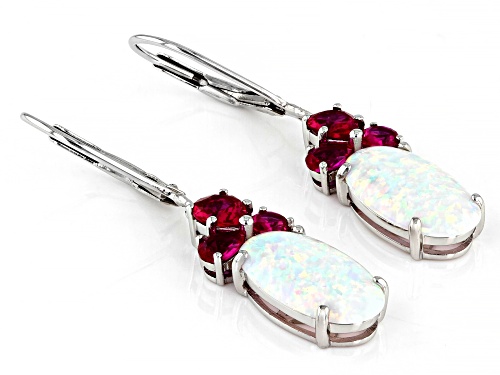 14x8mm Oval Cabochon Lab White Opal With 1.12ctw Lab Ruby Rhodium Over Silver Earrings