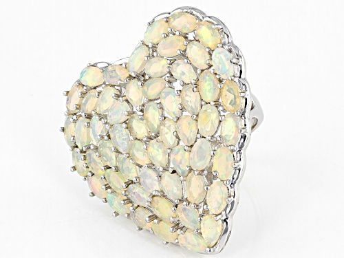 3.82ctw Oval And 2.65ctw Pear Shaped Ethiopian Opal Rhodium Over Silver Heart Ring - Size 6