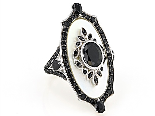 Oval Mother-of-Pearl with 3.05ctw Multi Shaped Black Spinel Rhodium Over Sterling Silver Ring - Size 6