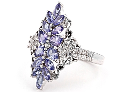.83ctw Marquise And .51ctw Pear Tanzanite With .41ctw Round White Zircon Rhodium Over Silver Ring - Size 8