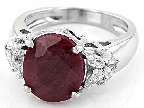 5.00ct Oval Indian Ruby With .80ctw Marquise White Zircon Rhodium Over Sterling Silver Ring - Size 9
