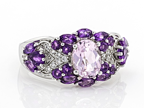 1.40ct Oval Kunzite, 1.03ctw African Amethyst And .21ctw White Zircon Rhodium Over Silver Ring - Size 7
